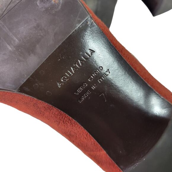 Aquatalia Neely Suede Heels Brown Leather Block Almond Semi Pointed Toe Italy 7 - Picture 9 of 14